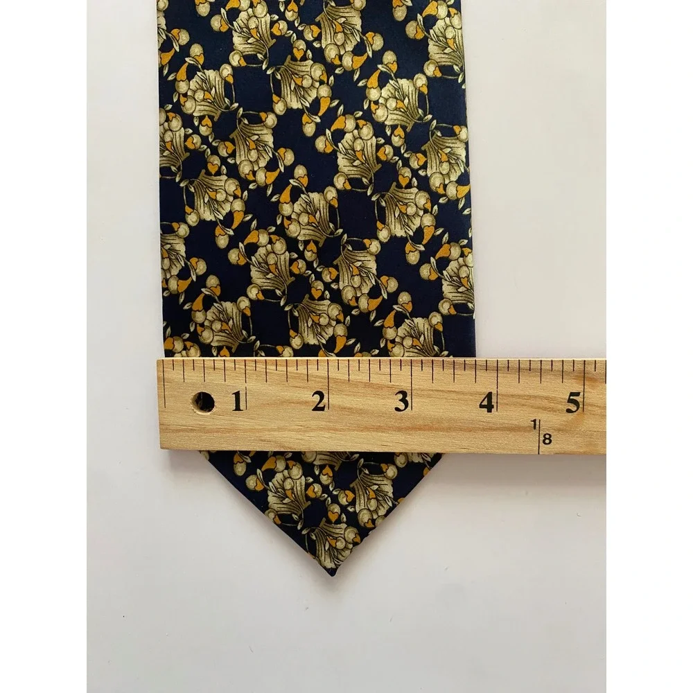 Laurant Benon Paris Mens Silk Tie Navy Blue Gold Floral Art Nouveau Pattern
